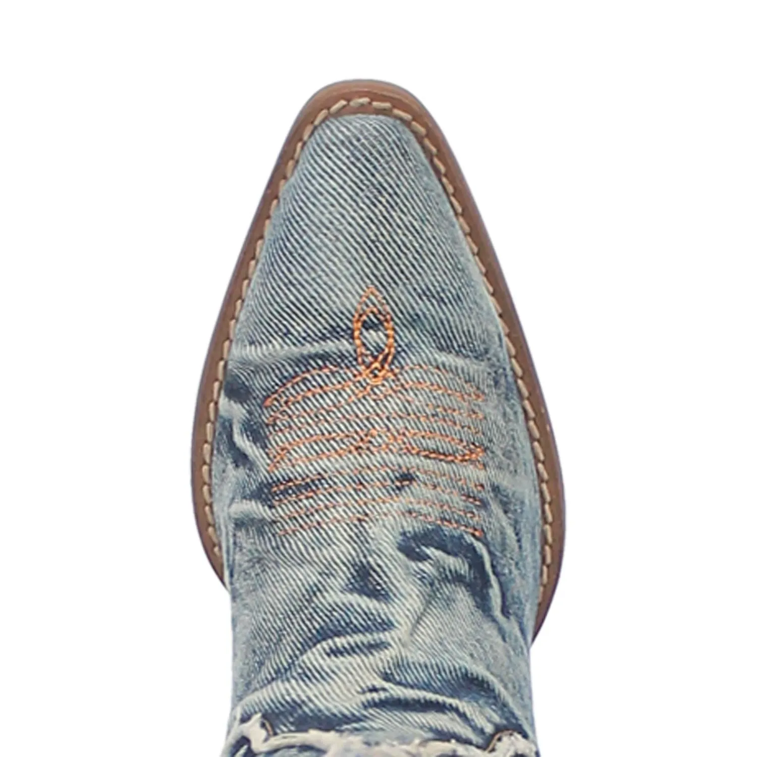 Dingo Ladies Y'all Need Dolly Blue Denim Fashion Western Snip Toe Boots with Orange Stitching