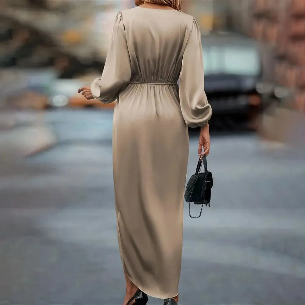 Elegant Satin Long Sleeve Midi Dress for Women