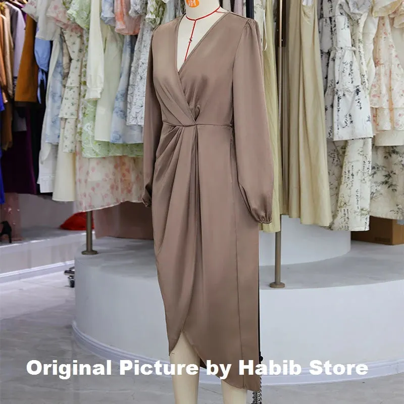 Elegant Satin Long Sleeve Midi Dress for Women