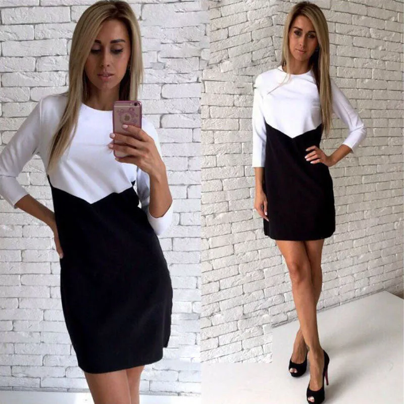 Elegant White Black Patchwork Office Dress Women Autumn Fashion Casual There Quarter Sleeve OL Tunic Dresses Ladies robe femme