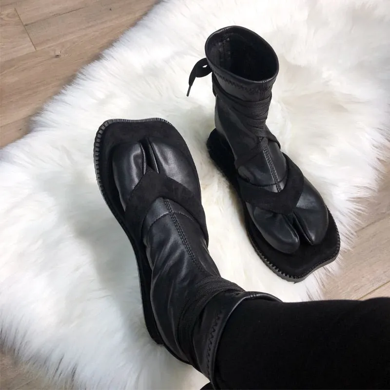 Fashion Design Women Ankle Boots Split Toe Flat Sock Boots Soft Leather Straps Military Boot Autumn Winter Shoes Woman