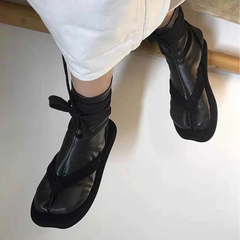 Fashion Design Women Ankle Boots Split Toe Flat Sock Boots Soft Leather Straps Military Boot Autumn Winter Shoes Woman
