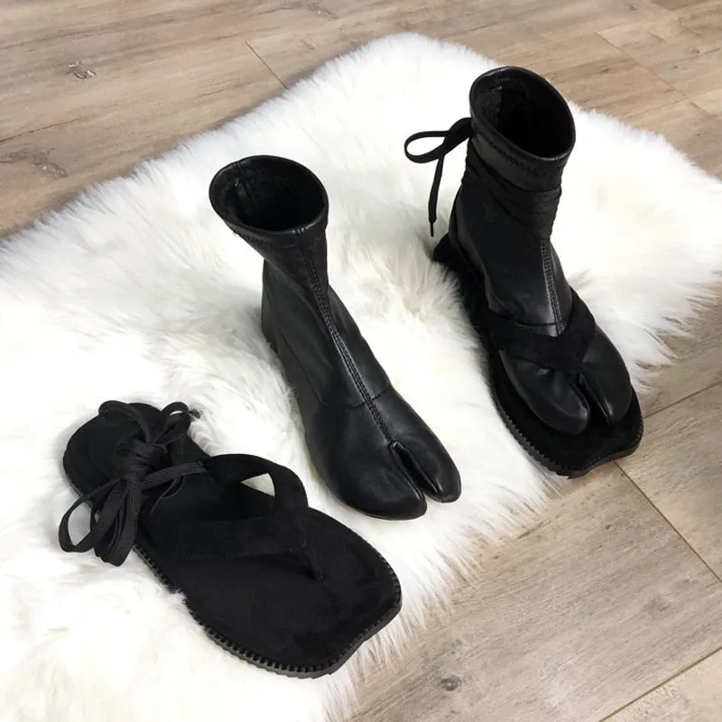 Fashion Design Women Ankle Boots Split Toe Flat Sock Boots Soft Leather Straps Military Boot Autumn Winter Shoes Woman