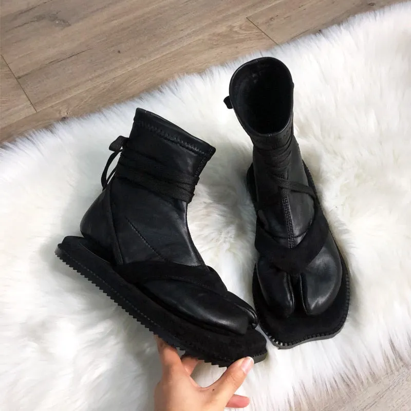Fashion Design Women Ankle Boots Split Toe Flat Sock Boots Soft Leather Straps Military Boot Autumn Winter Shoes Woman