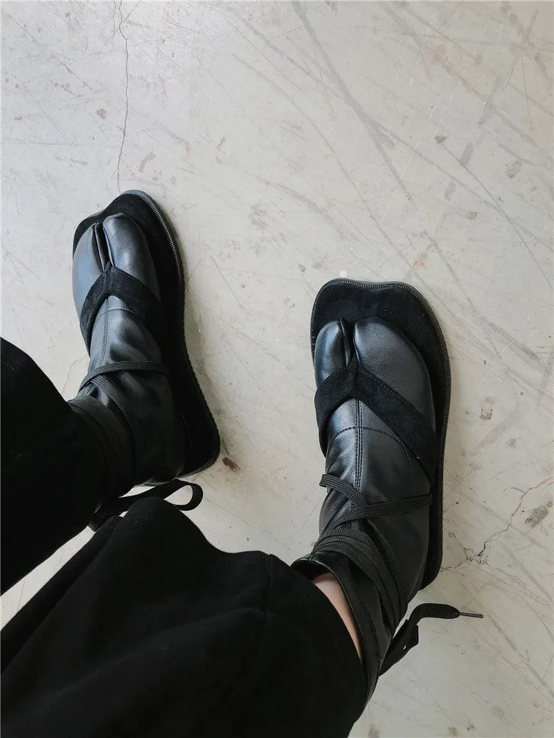 Fashion Design Women Ankle Boots Split Toe Flat Sock Boots Soft Leather Straps Military Boot Autumn Winter Shoes Woman