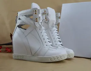Fashion White Python Leather Ladies Lace Up High Tops Ankle Buckle Women Sexy Wedge Sneakers Cut Out Style Casual Shoes Size 41