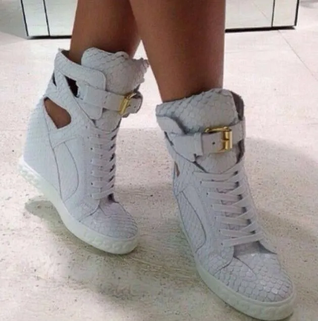 Fashion White Python Leather Ladies Lace Up High Tops Ankle Buckle Women Sexy Wedge Sneakers Cut Out Style Casual Shoes Size 41