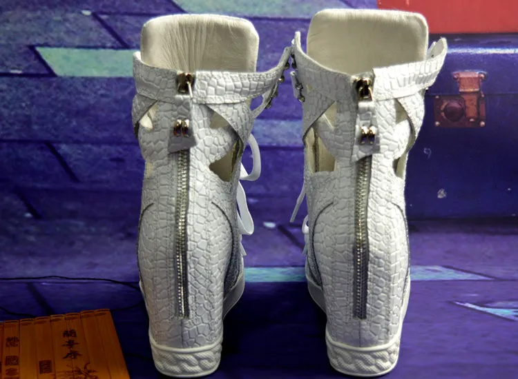 Fashion White Python Leather Ladies Lace Up High Tops Ankle Buckle Women Sexy Wedge Sneakers Cut Out Style Casual Shoes Size 41