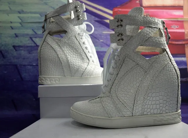 Fashion White Python Leather Ladies Lace Up High Tops Ankle Buckle Women Sexy Wedge Sneakers Cut Out Style Casual Shoes Size 41