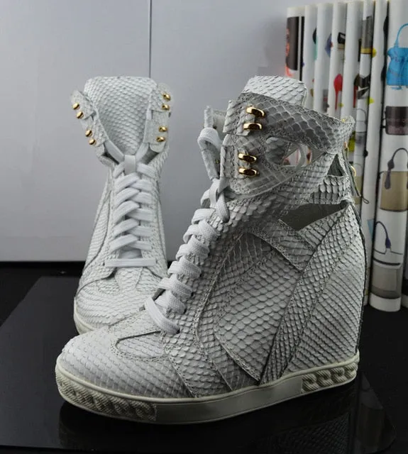 Fashion White Python Leather Ladies Lace Up High Tops Ankle Buckle Women Sexy Wedge Sneakers Cut Out Style Casual Shoes Size 41