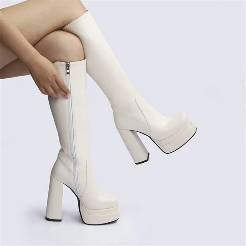 Female Double Layer Platform Square Toe Big Size Boots