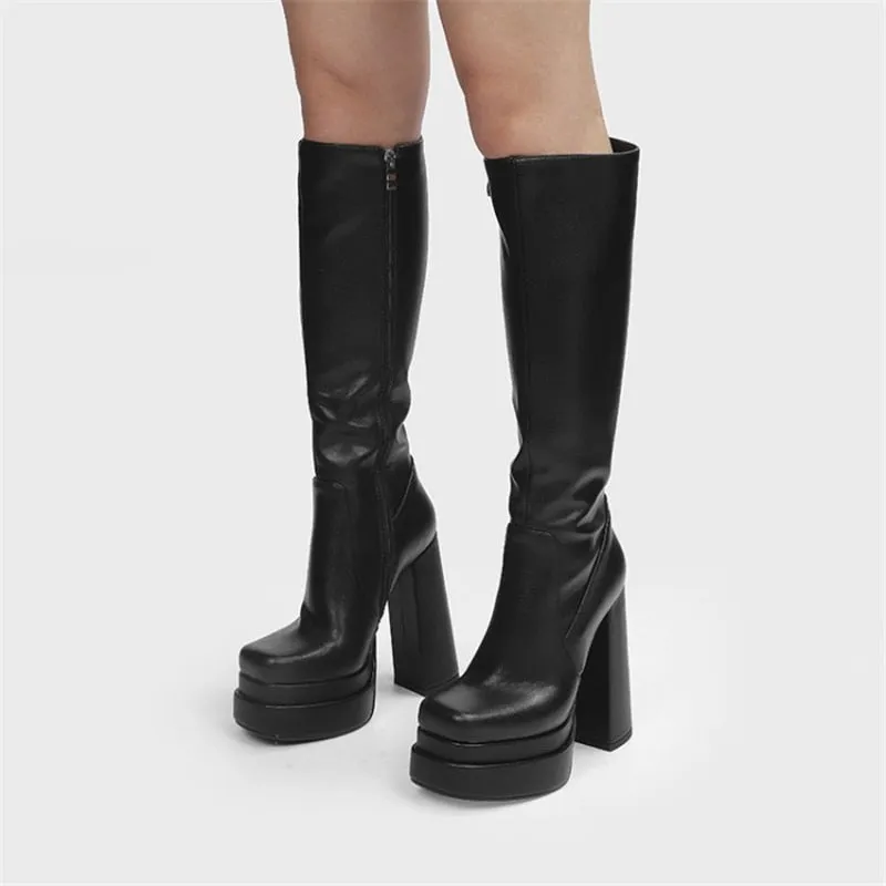Female Double Layer Platform Square Toe Big Size Boots