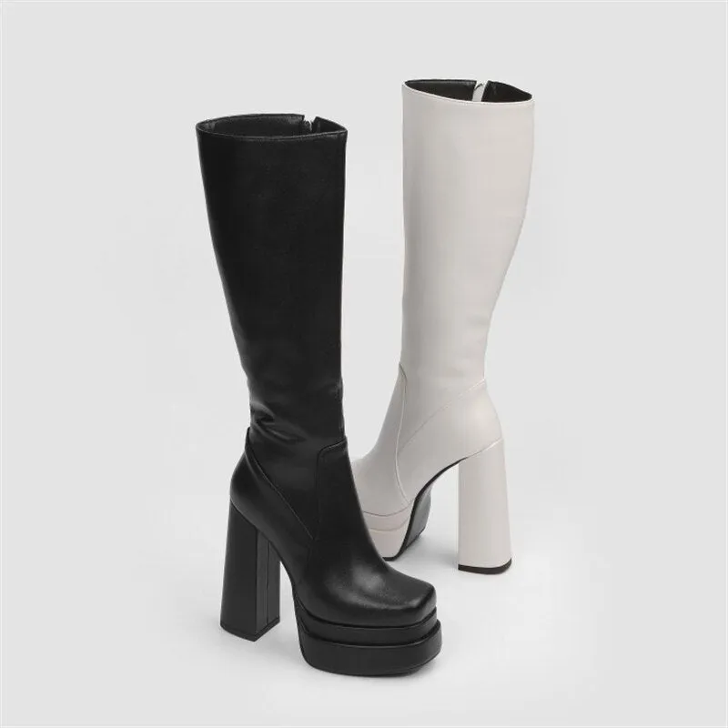 Female Double Layer Platform Square Toe Big Size Boots