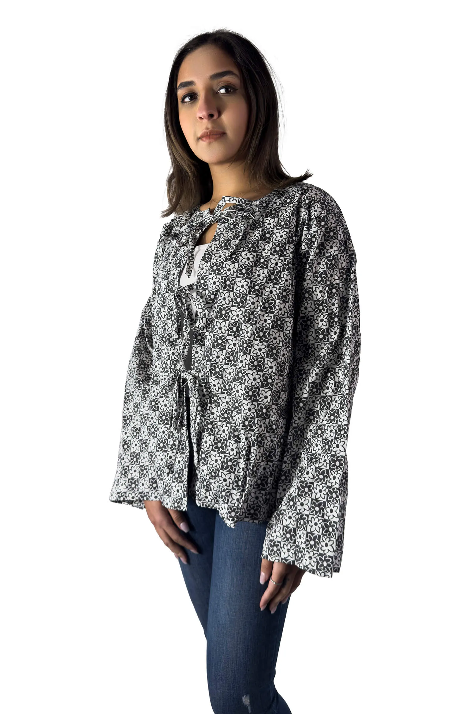 Floral Harmony Tie-Front Blouse