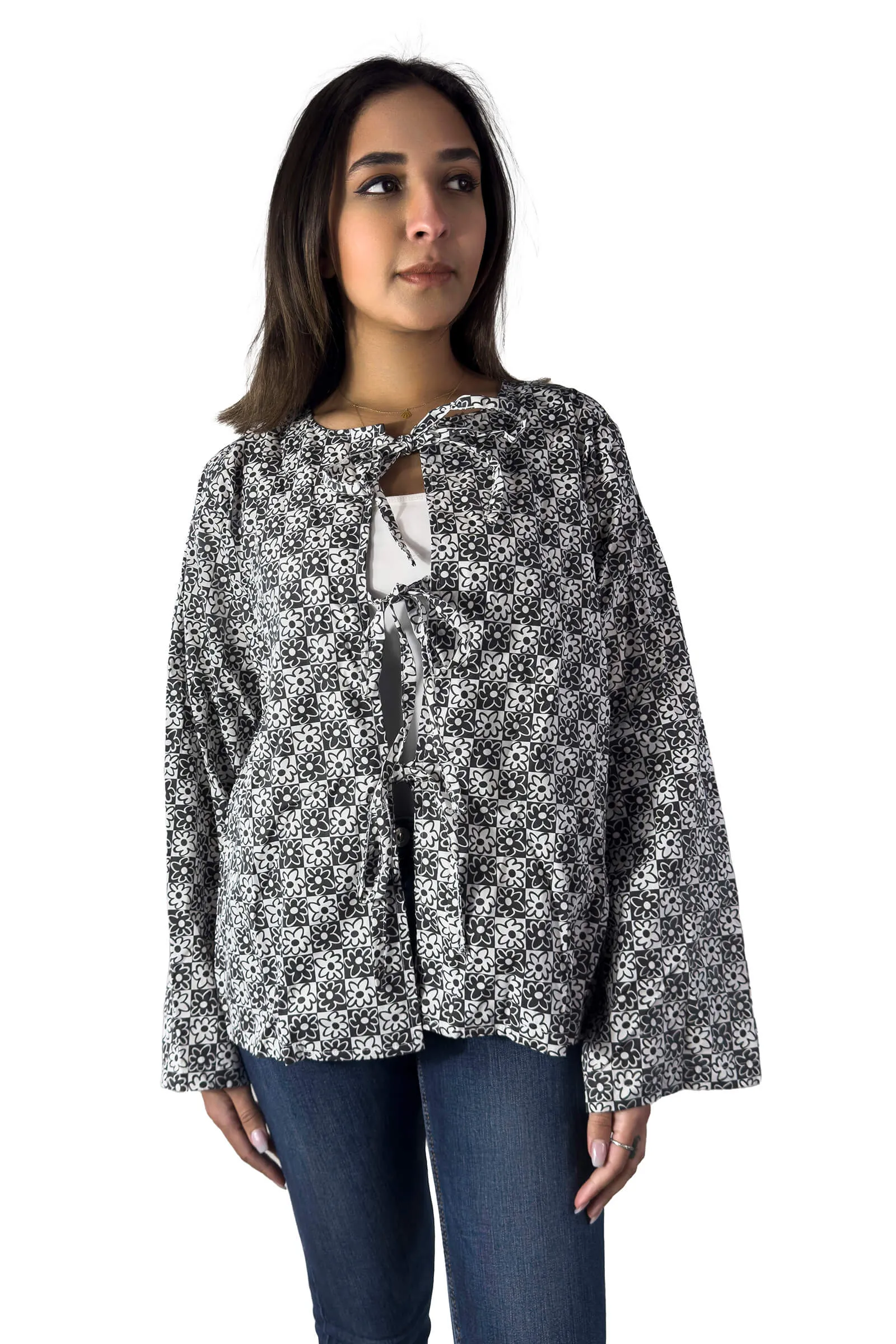 Floral Harmony Tie-Front Blouse