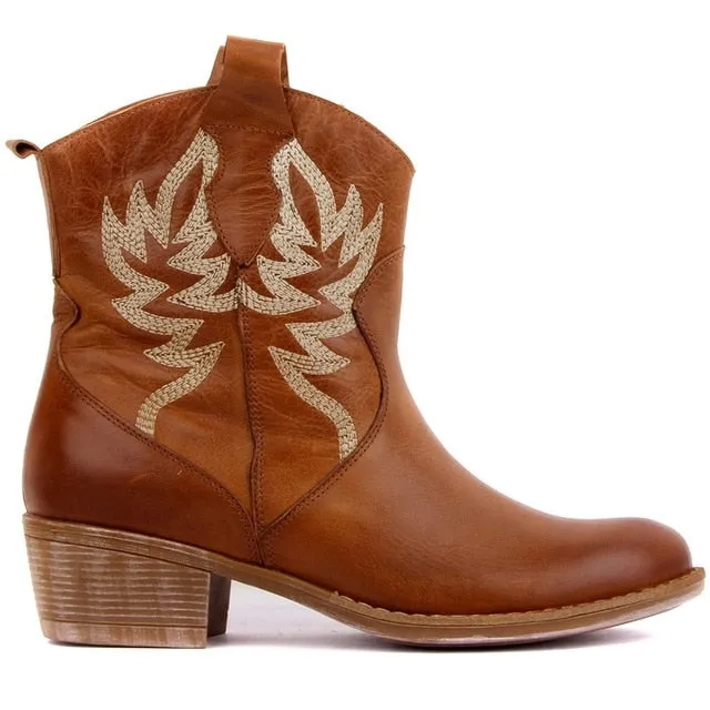 Genuine Leather Embroidered Women Boots Ankle Boots Motorcycle Boots Female Autumn Winter Shoes Woman Punk Motorcycle Boots