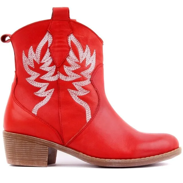 Genuine Leather Embroidered Women Boots Ankle Boots Motorcycle Boots Female Autumn Winter Shoes Woman Punk Motorcycle Boots