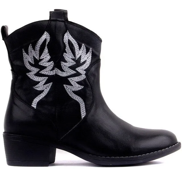 Genuine Leather Embroidered Women Boots Ankle Boots Motorcycle Boots Female Autumn Winter Shoes Woman Punk Motorcycle Boots