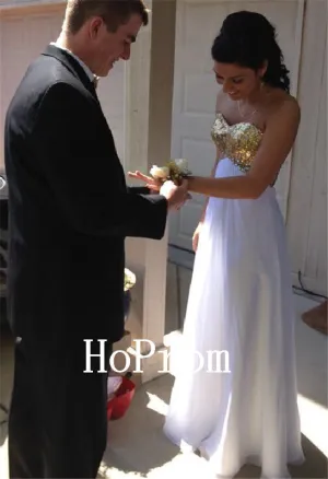 Gold Sequin Prom Dresses,A-Line White Prom Dress,Evening Dress