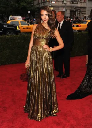 Golden Jessica Alba One Shoulder Sequin Empire Waist Dress Ruched Prom Red Carpet Evening Dress Met Gala
