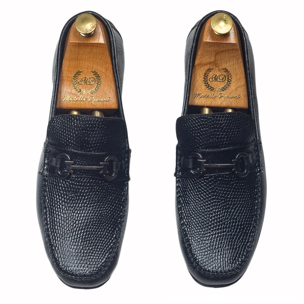 Grained Leather Buckle Loafers (Black)