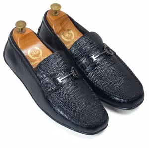 Grained Leather Buckle Loafers (Black)