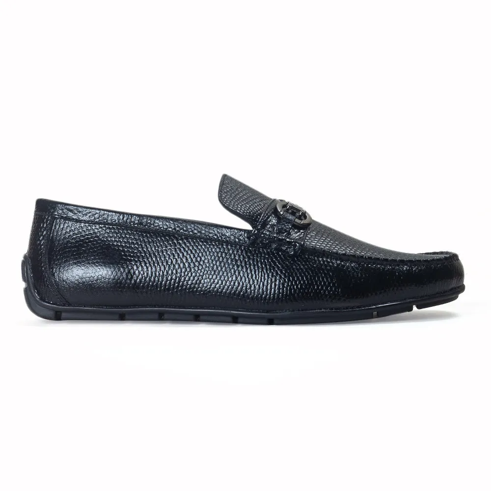 Grained Leather Buckle Loafers (Black)