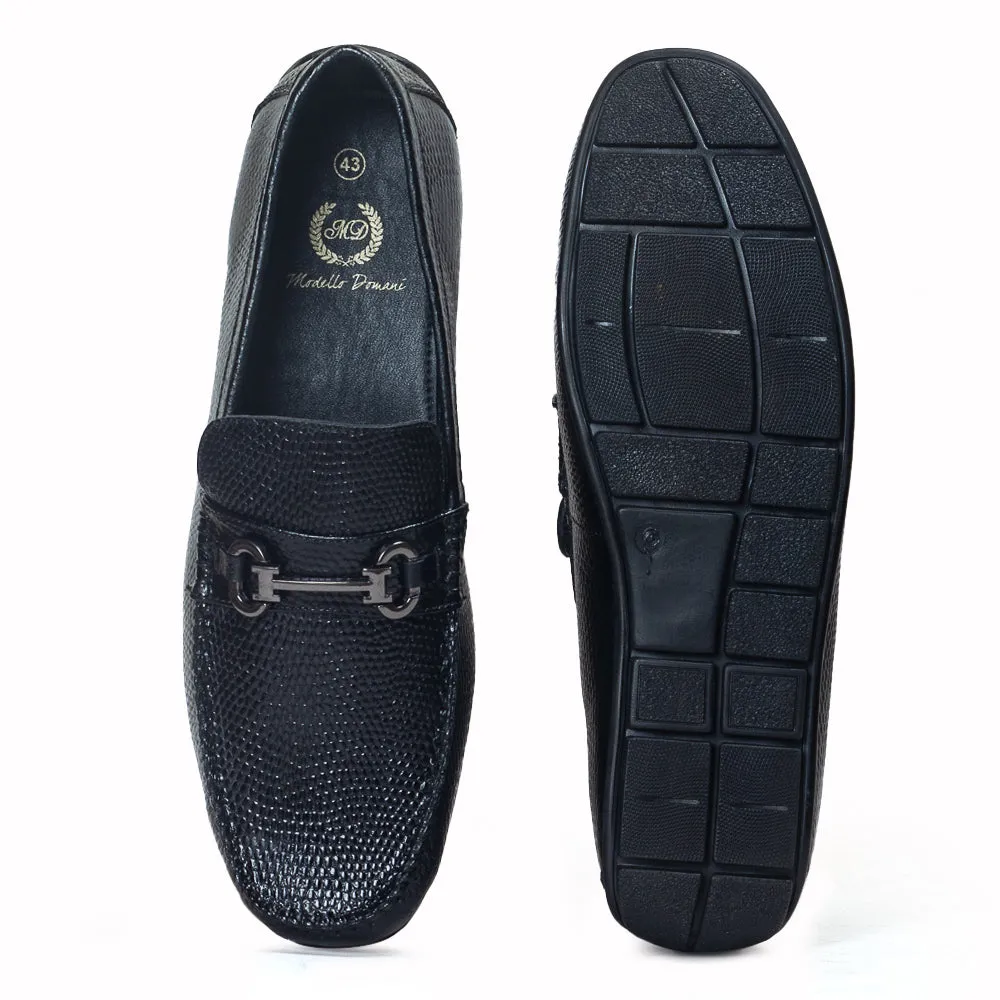 Grained Leather Buckle Loafers (Black)