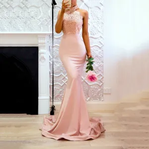 Halter Neck Blush Mermaid Prom Dresses Bodycon Maxi Evening Dresses