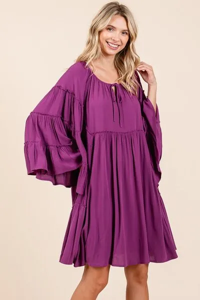 Hazel Blues® |  Mittoshop Frill Tie Neck Bell Sleeve Dress