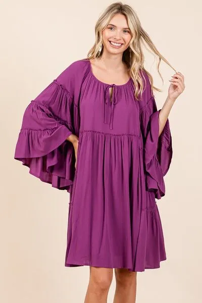 Hazel Blues® |  Mittoshop Frill Tie Neck Bell Sleeve Dress