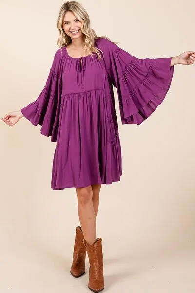 Hazel Blues® |  Mittoshop Frill Tie Neck Bell Sleeve Dress