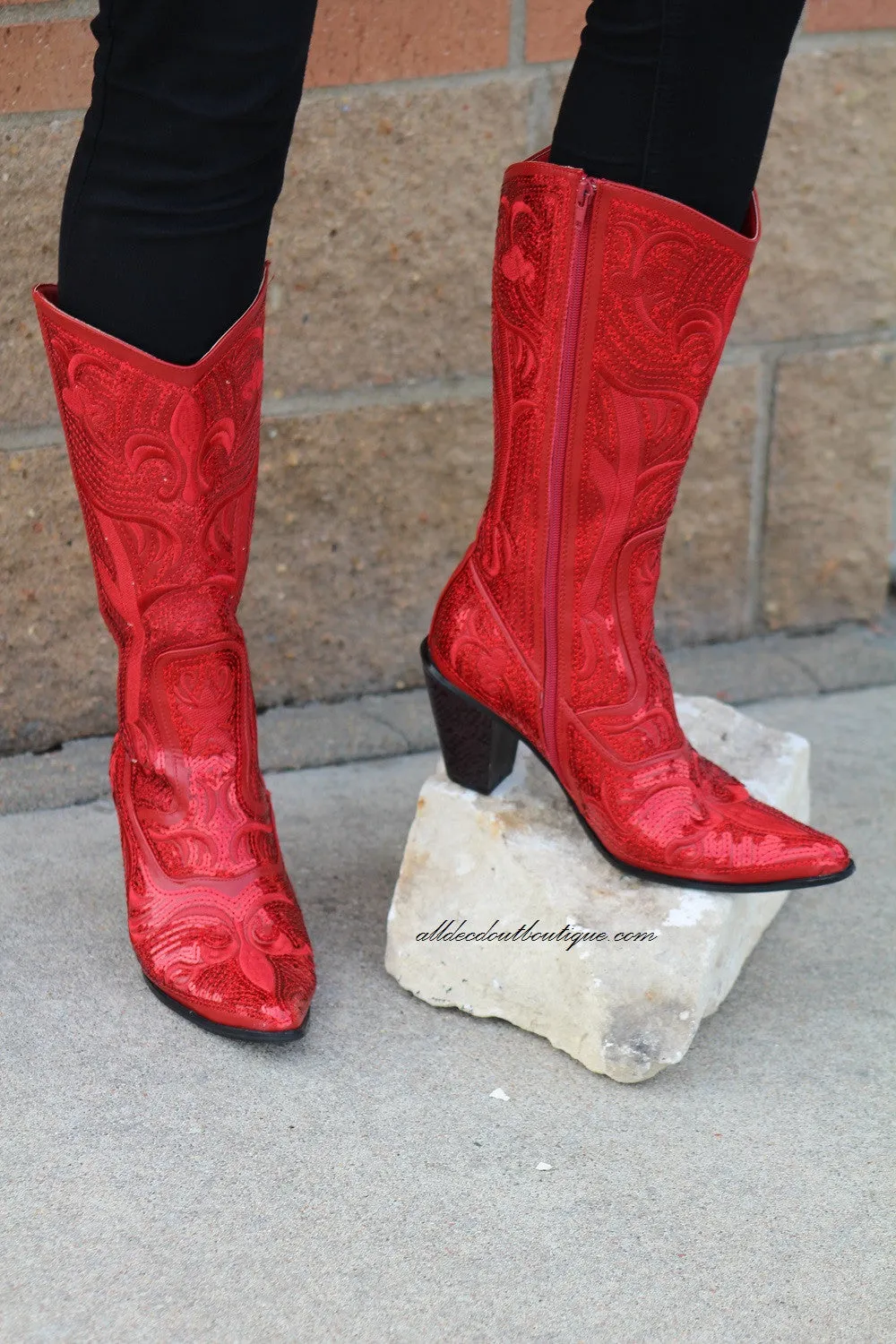 Helen's Heart | Full Embellished Sequin Red Boot