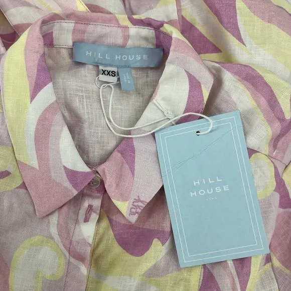 HILL HOUSE The Lily Dress Candy Kaleidoscope Linen Midi Short Sleeve Sz XXS NEW