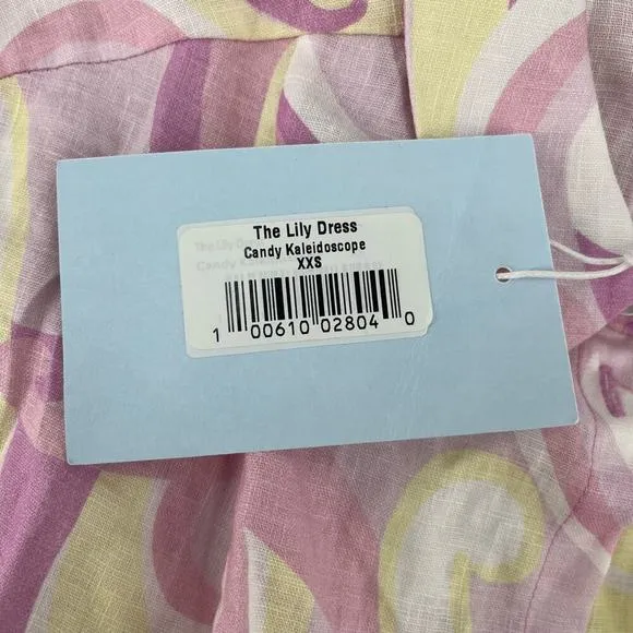 HILL HOUSE The Lily Dress Candy Kaleidoscope Linen Midi Short Sleeve Sz XXS NEW