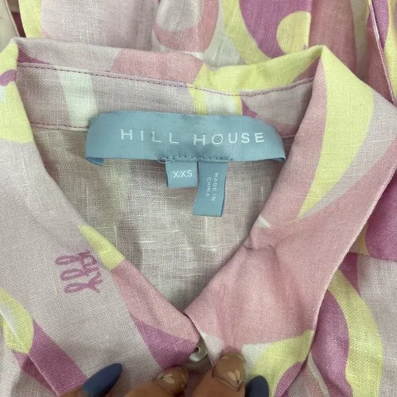 HILL HOUSE The Lily Dress Candy Kaleidoscope Linen Midi Short Sleeve Sz XXS NEW