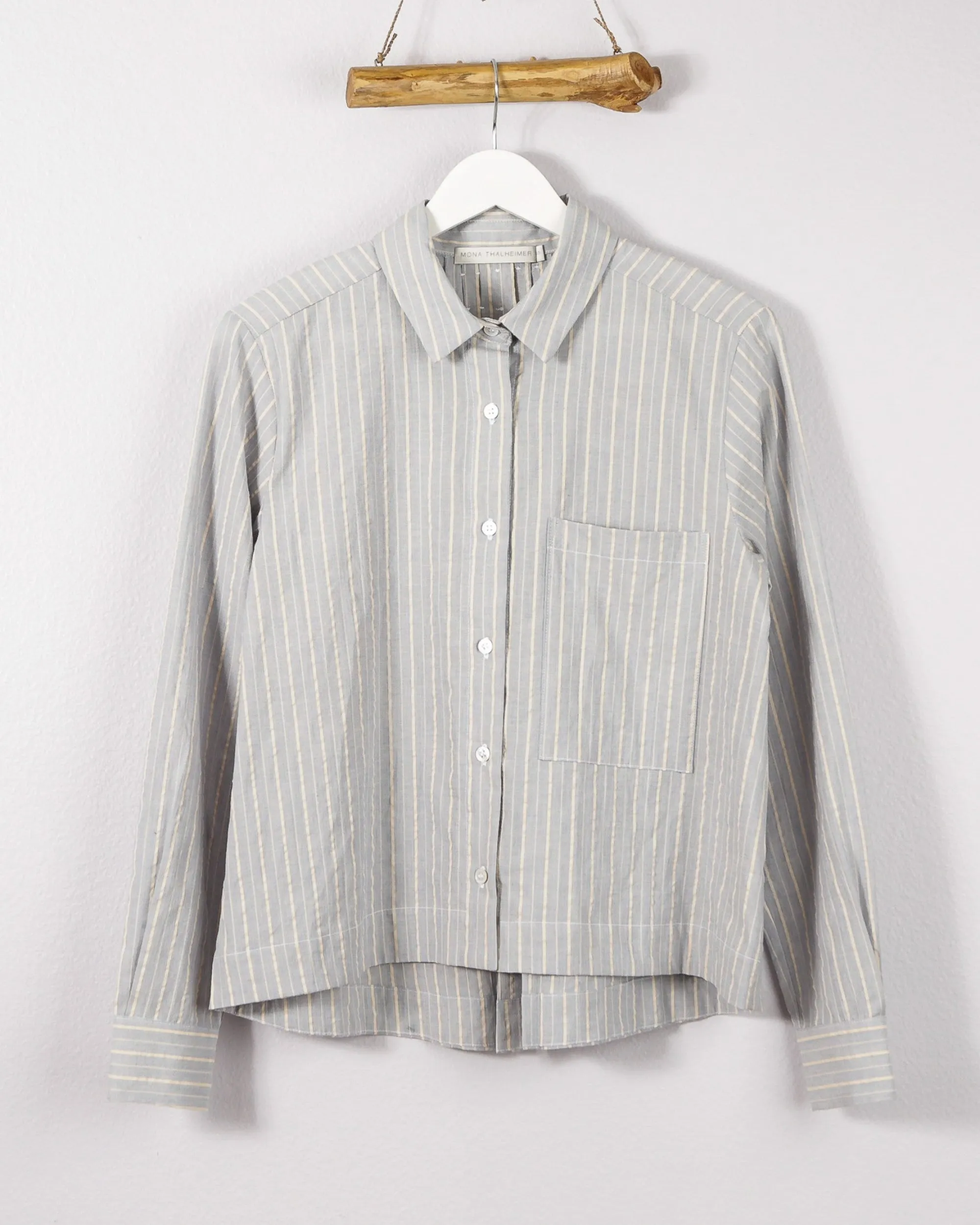 Julia Pleated Back Button Down Shirt In Blue Natural Stripe