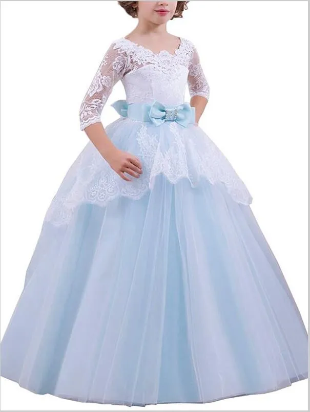Lace Tulle 1/2 Sleeves Flower Girl Dresses Floor Length Ball Gown