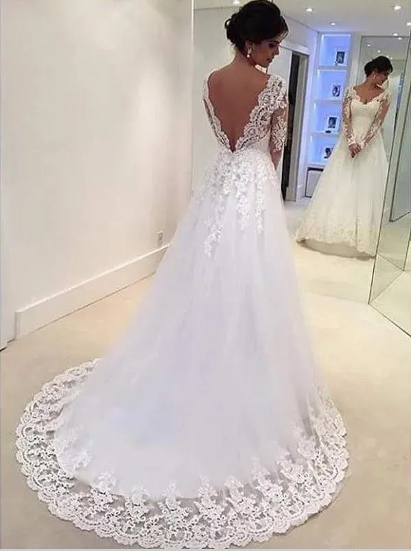 Lace Tulle V-neck Long Sleeves Train Wedding Dresses Ball Gown
