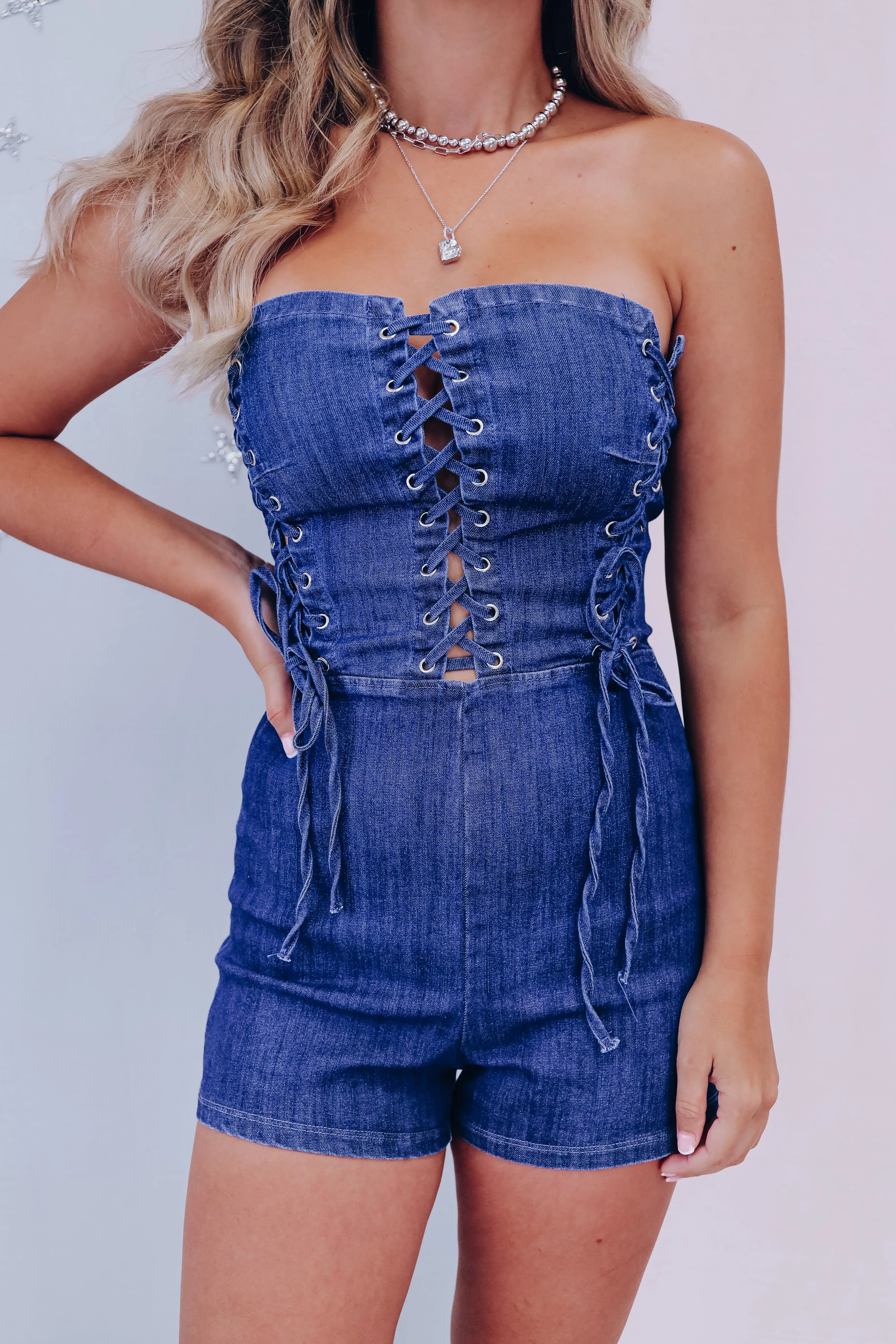 Laci Strapless Denim Romper