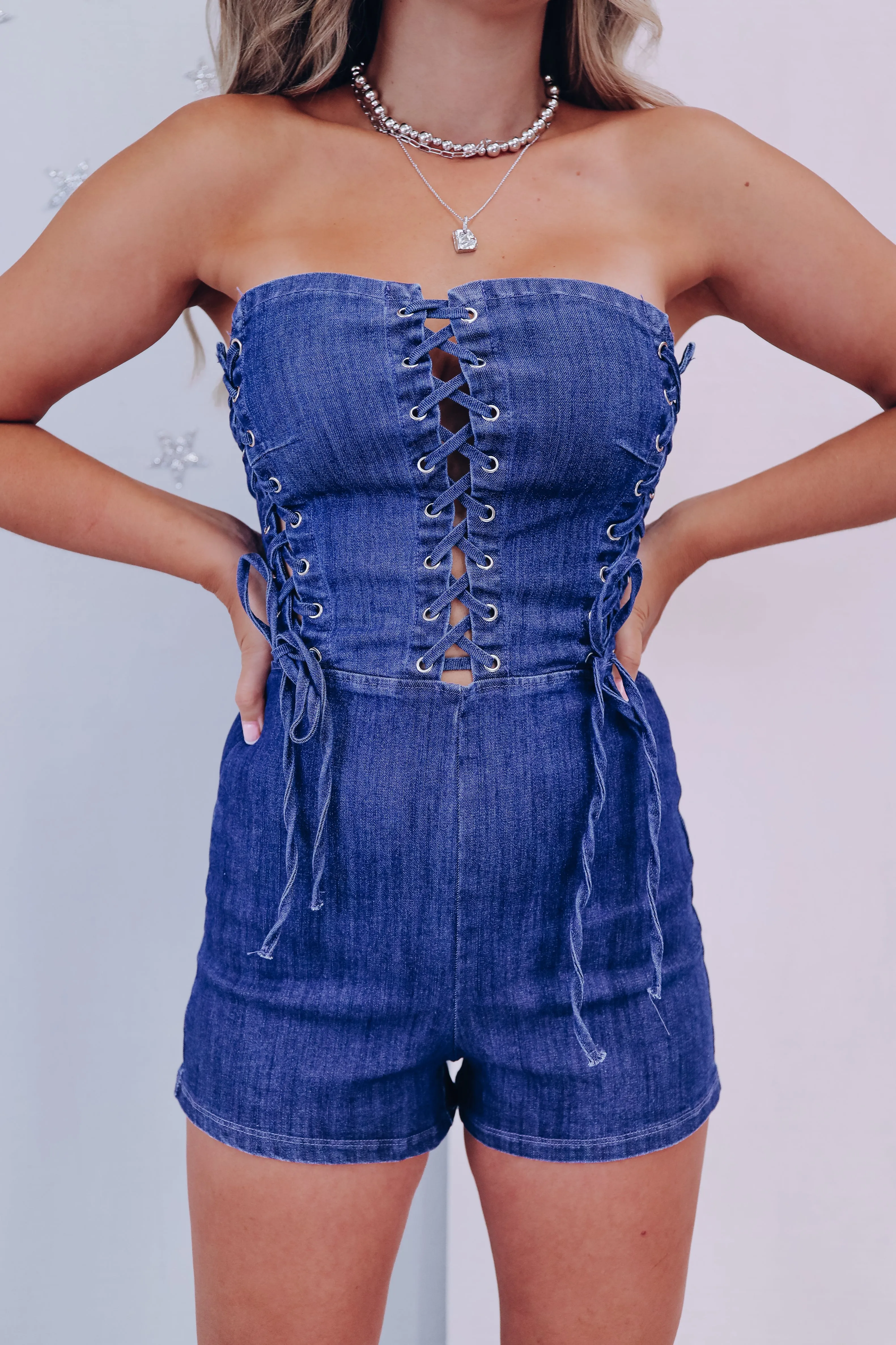 Laci Strapless Denim Romper