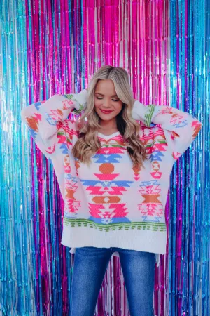 Lakota Aztec Print Sweater - Pink/Multi