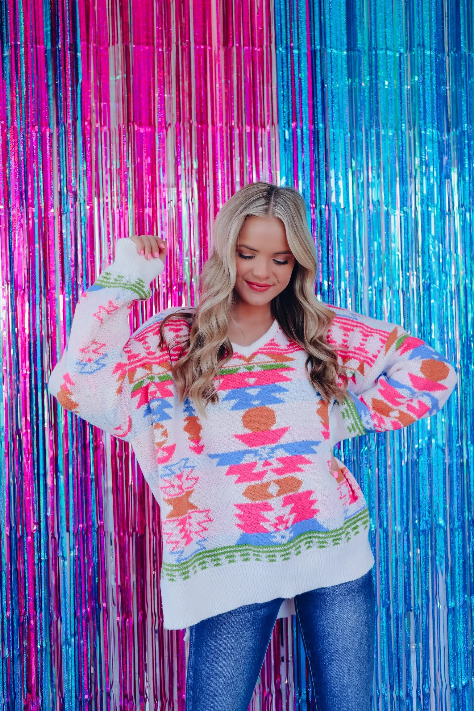 Lakota Aztec Print Sweater - Pink/Multi