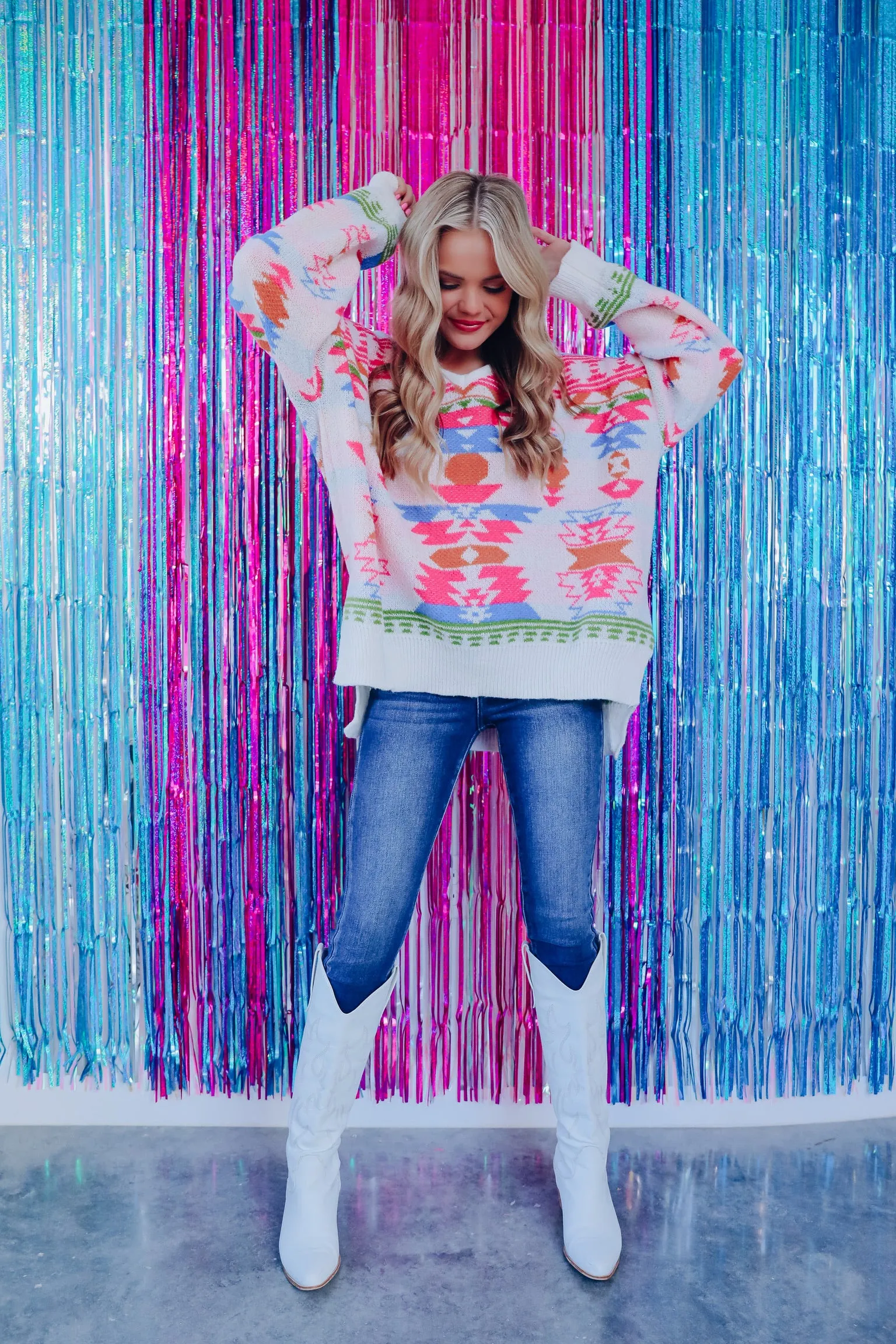 Lakota Aztec Print Sweater - Pink/Multi