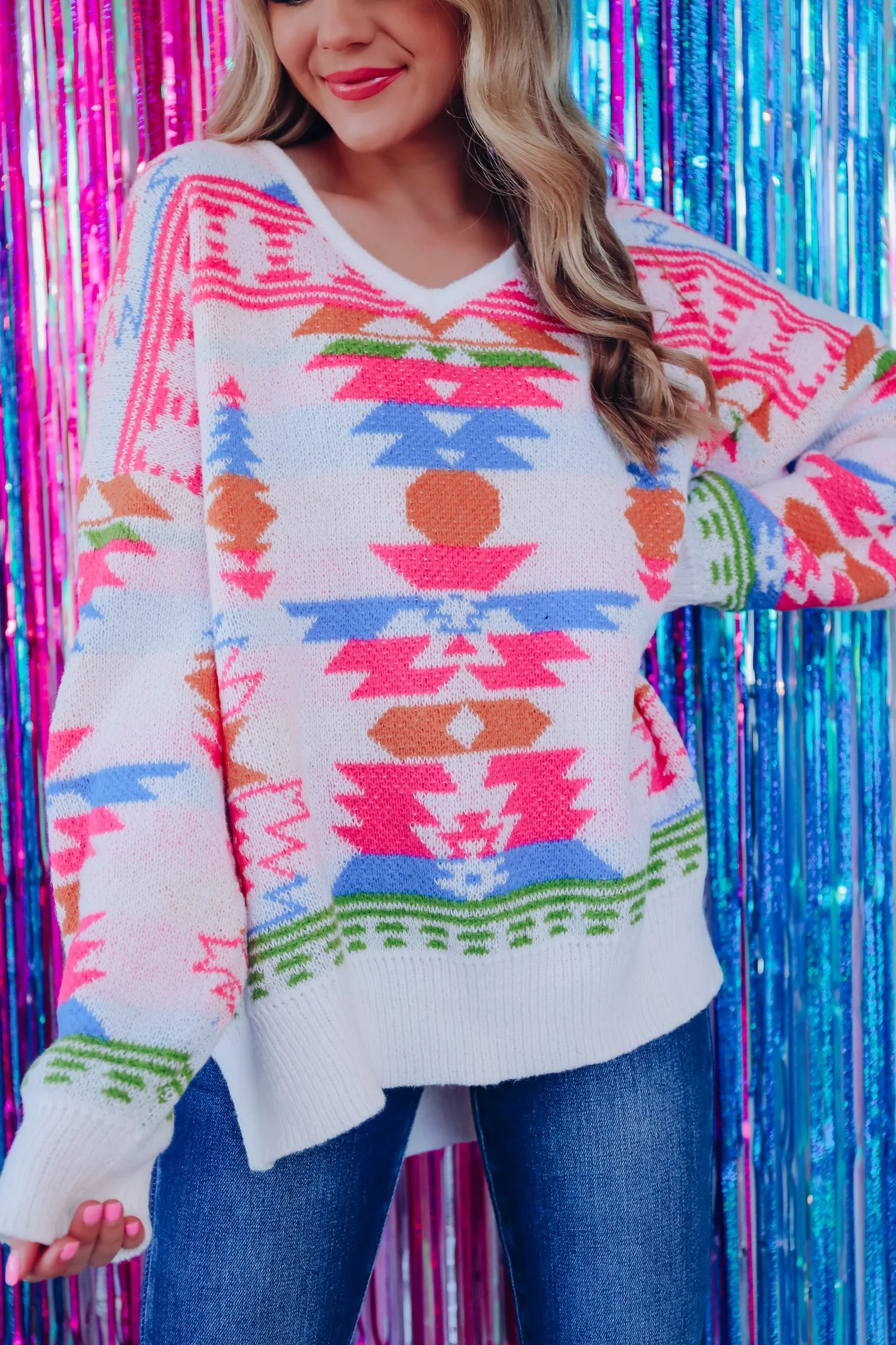 Lakota Aztec Print Sweater - Pink/Multi