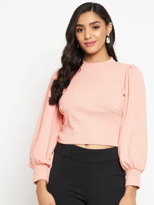 Madame Back Cut Out Peach Balloon Sleeve Crop Top