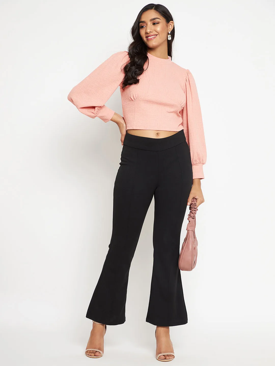 Madame Back Cut Out Peach Balloon Sleeve Crop Top