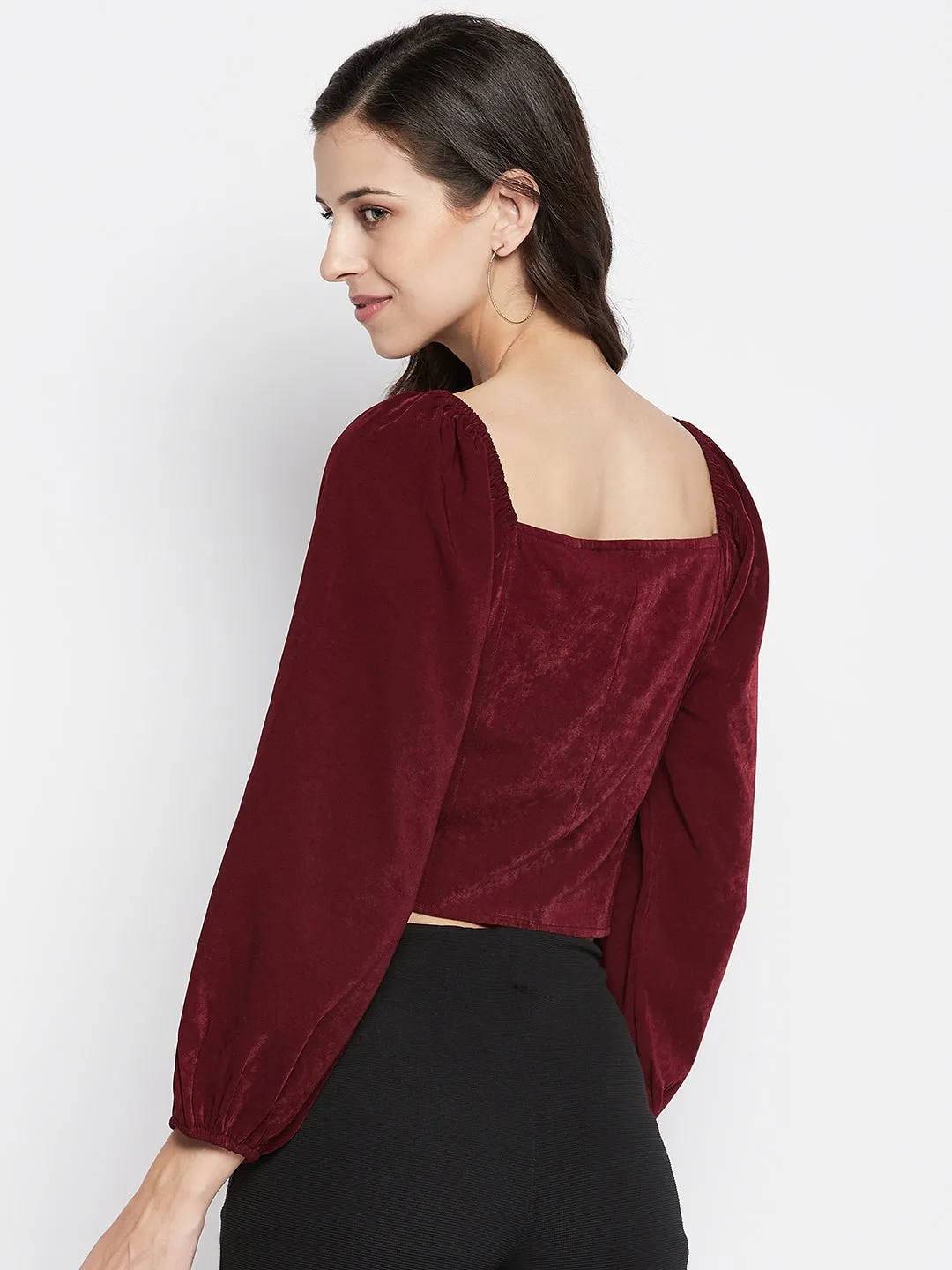 Madame Sweetheart Neckline Puff Sleeve Maroon Crop Top