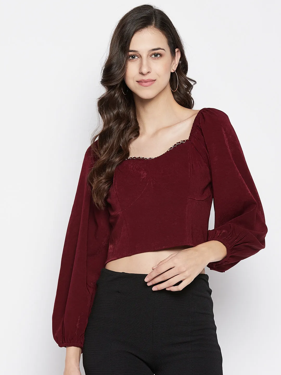 Madame Sweetheart Neckline Puff Sleeve Maroon Crop Top