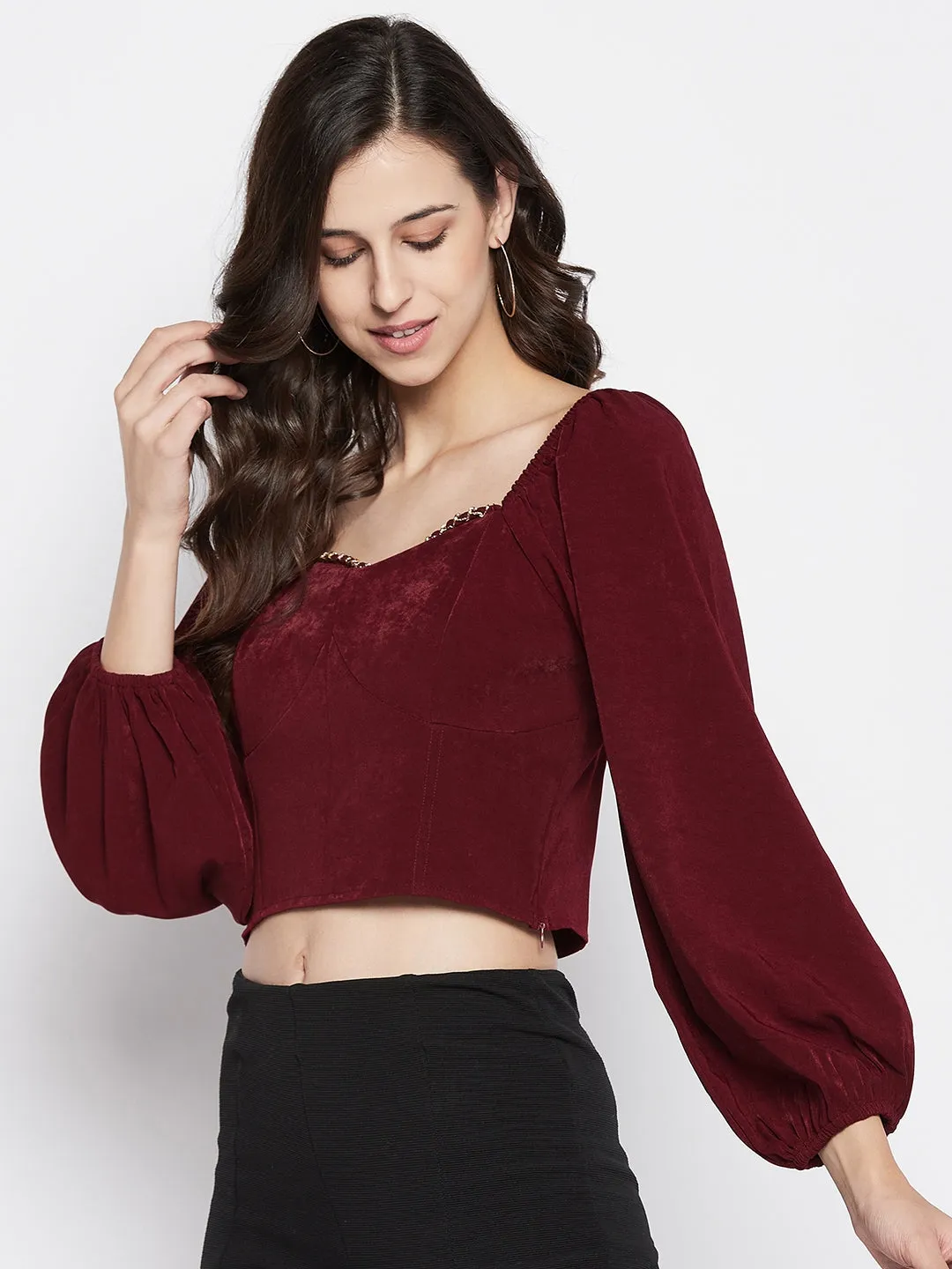 Madame Sweetheart Neckline Puff Sleeve Maroon Crop Top